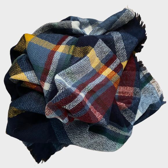 Blanket Scarf Square Plaid Fringe Blue Yellow White Red 56" x 56" - Picture 1 of 5